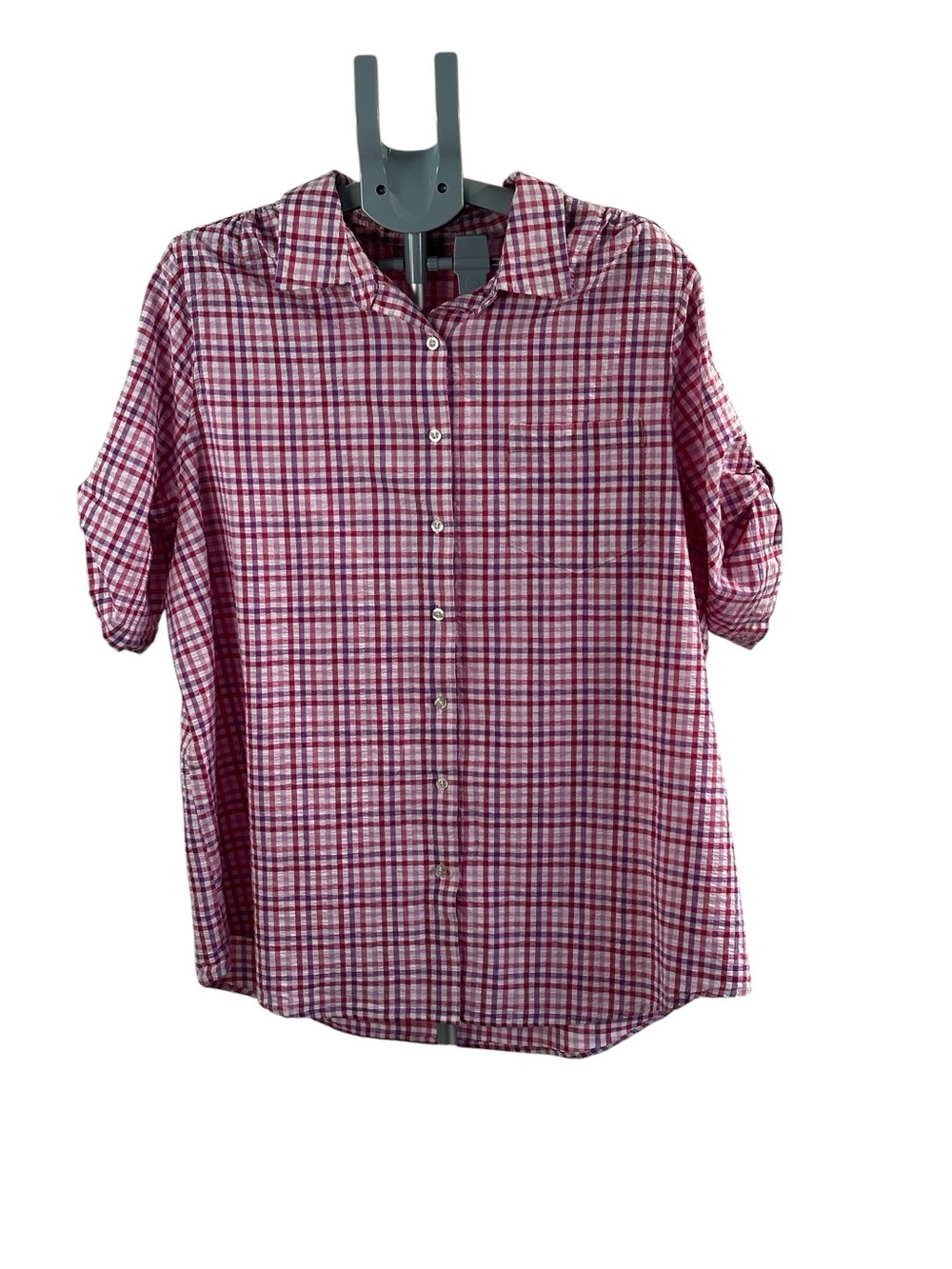 Woman Within Pink and White Plaid Button-Down Shirt Cottagecore SZ 1X 22/24